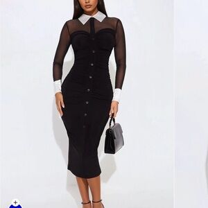 Fashion Nova Black Long-Sleeve Button Ruched Dress with White Collar